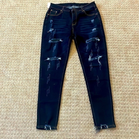 Color Collections Dark Denim Distressed Skinny Jeans - Picture 1 of 5